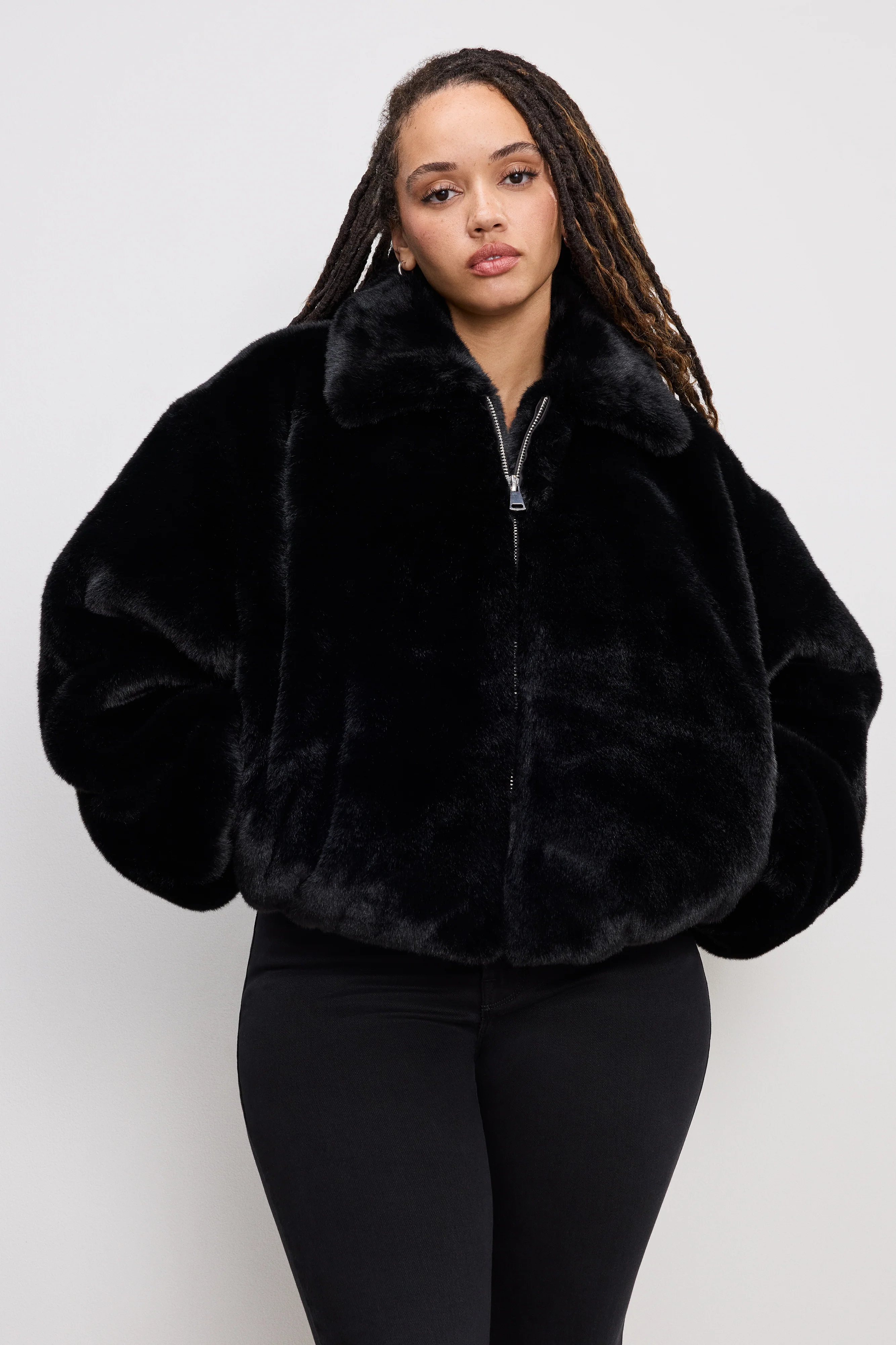 FAUX FUR COLLAR JACKET Black001