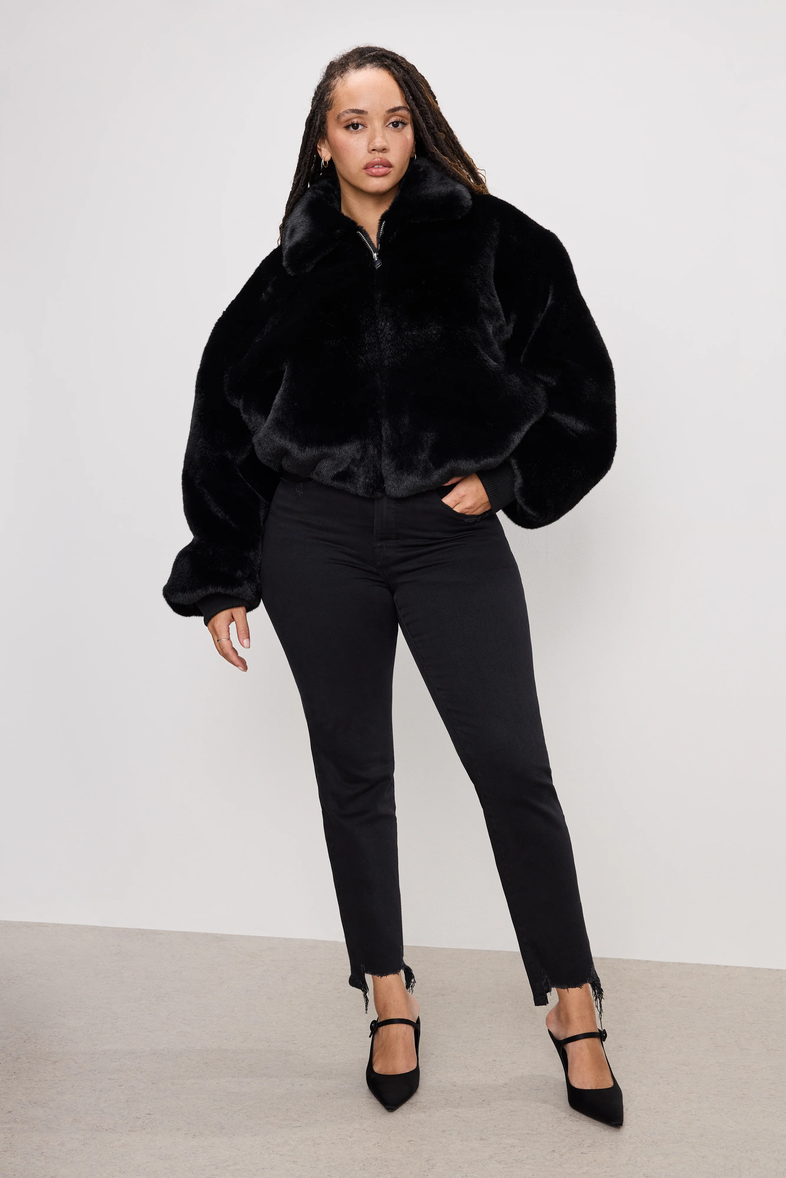 FAUX FUR COLLAR JACKET Black001