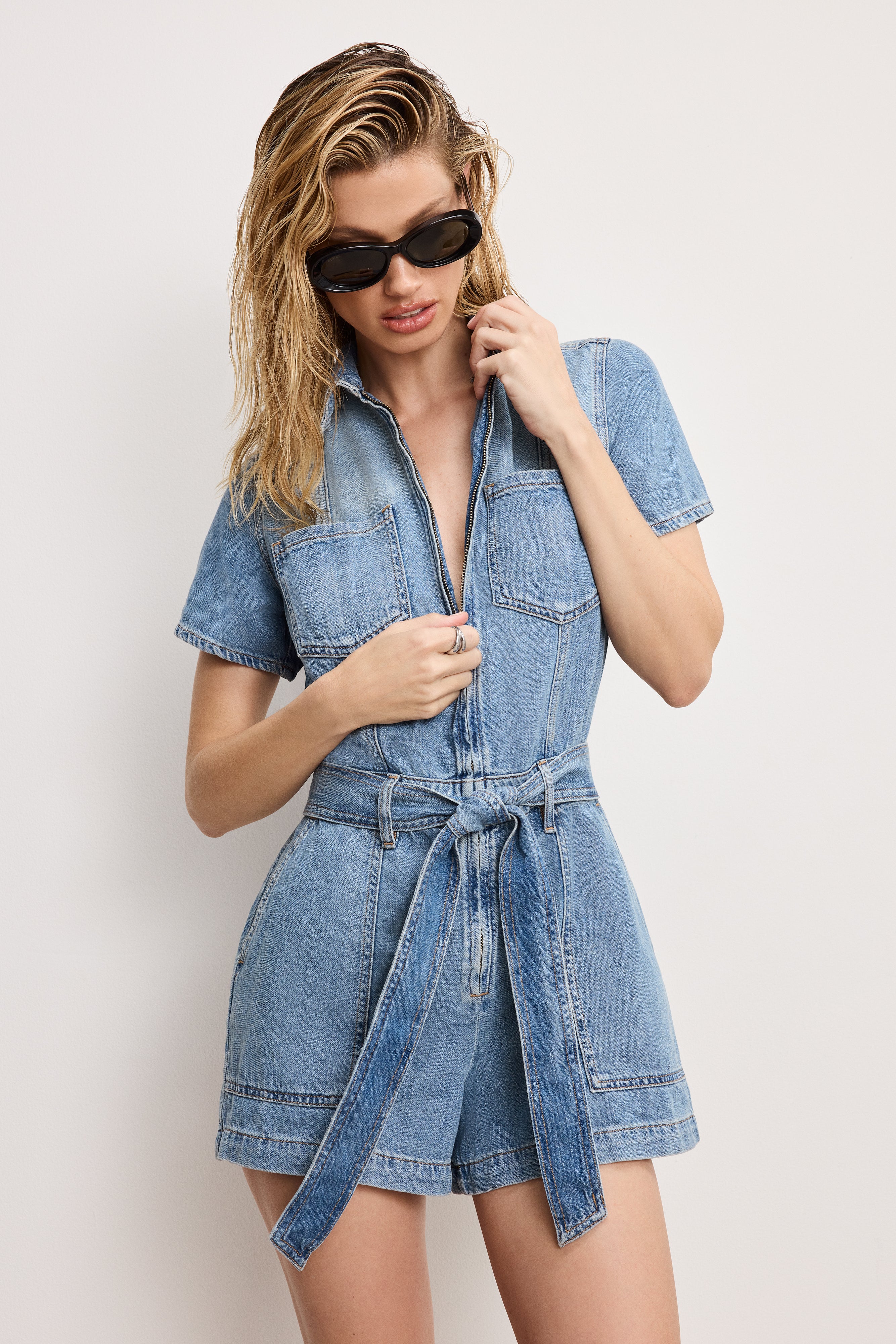 FIT FOR SUCCESS LITE LINEN DENIM SHORTS JUMPSUIT Indigo786