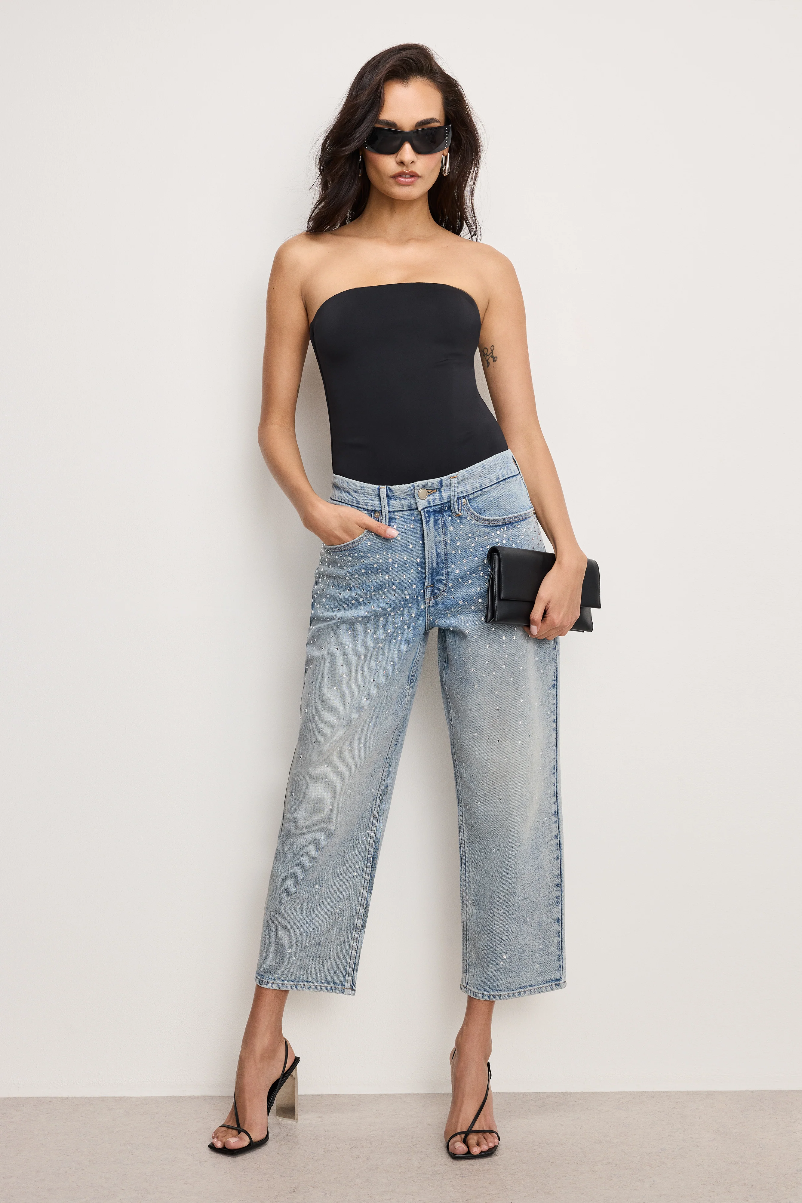 GOOD 90S CROPPED RHINESTONE JEANS Indigo908