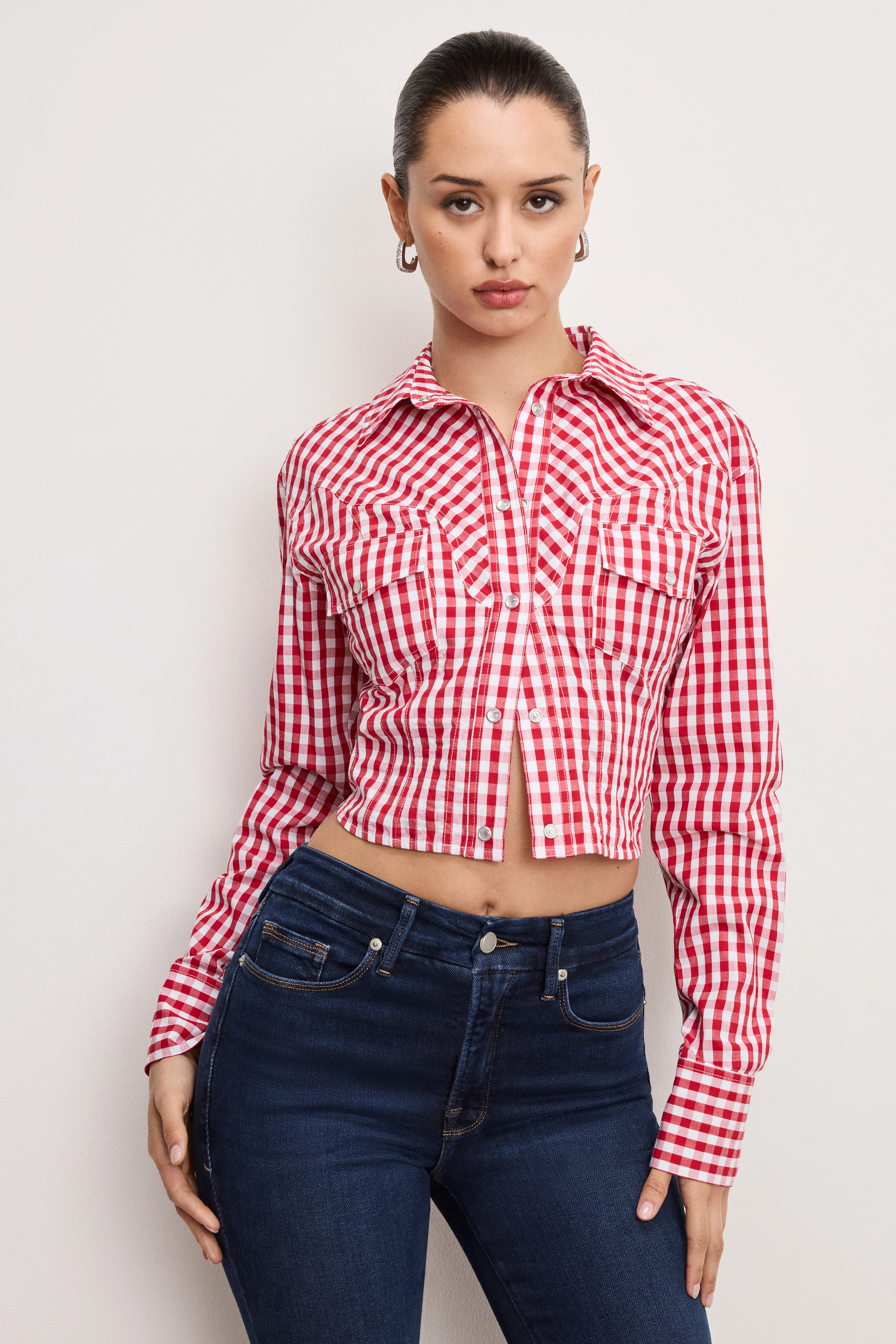 DOLLY COUNTRY CORSET SHIRT Crimson and white gingham