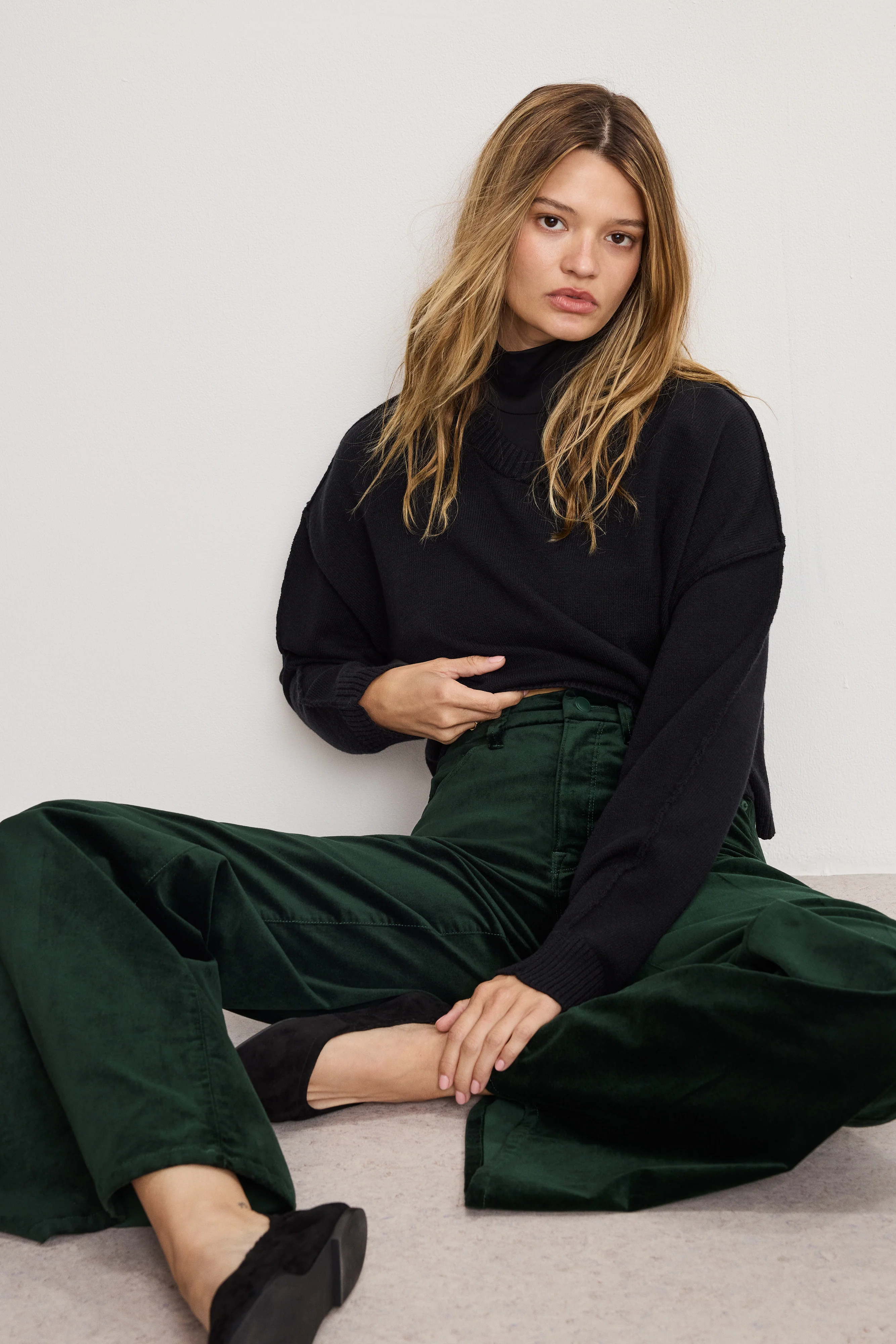 VELVET GOOD WAIST PALAZZO PANTS Pine green003
