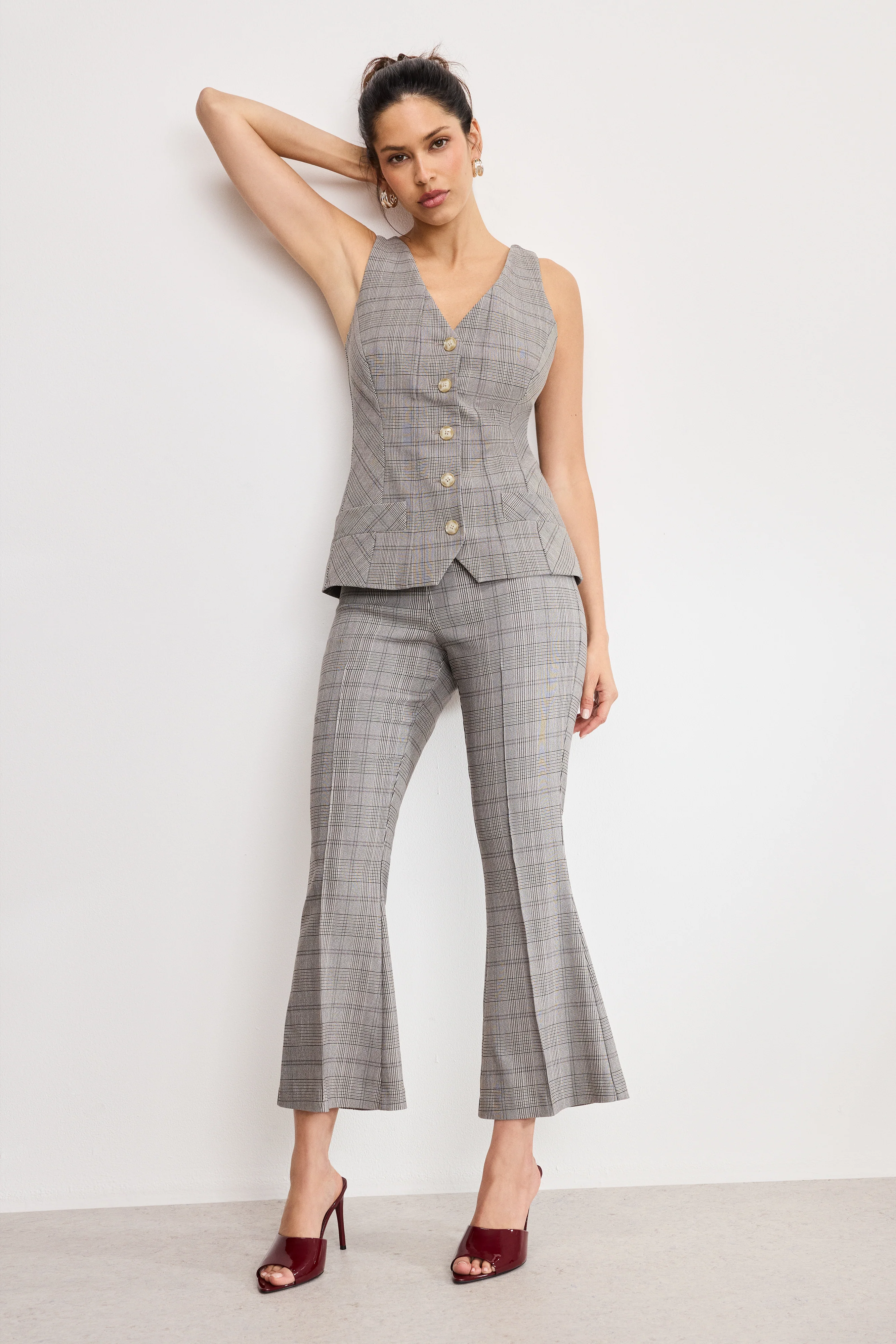 PLAID PULL ON KICK FLARE PANTS Glen plaid001