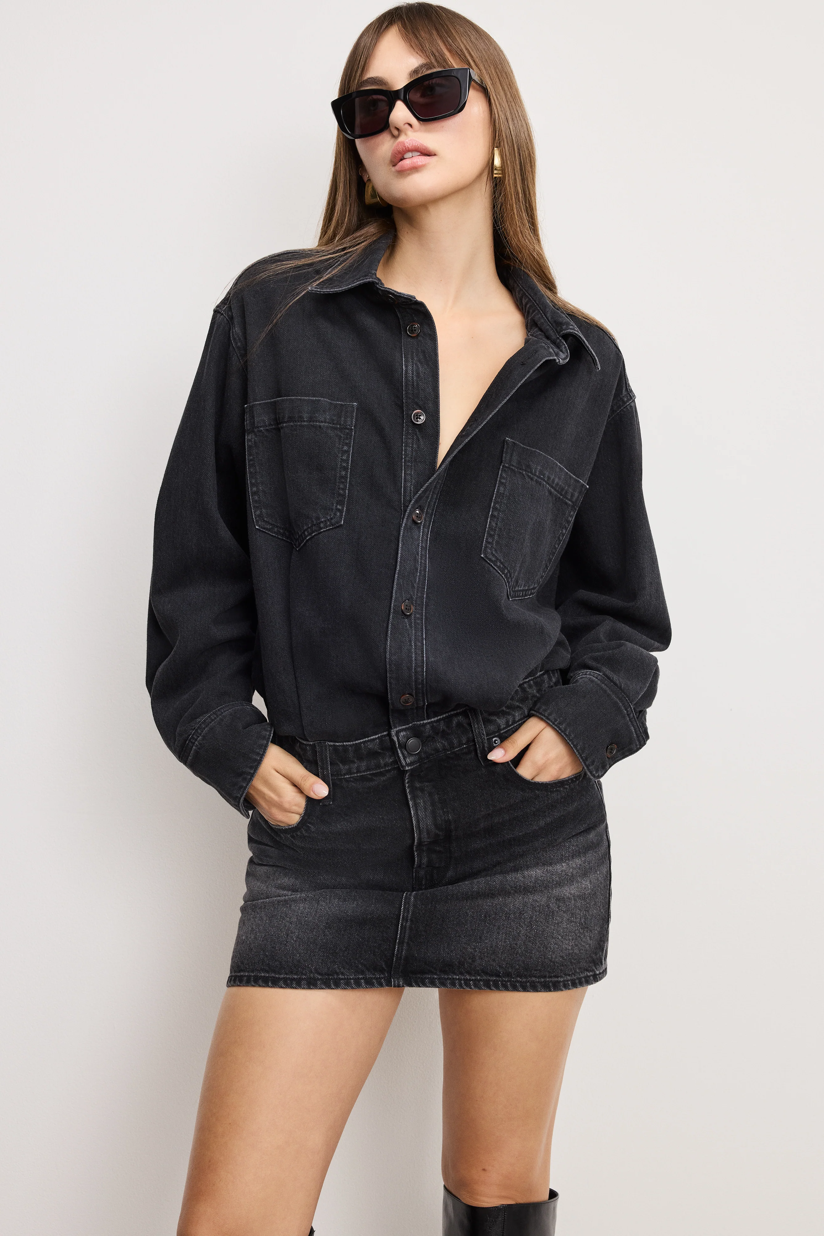 DENIM SHIRT DRESS Black389