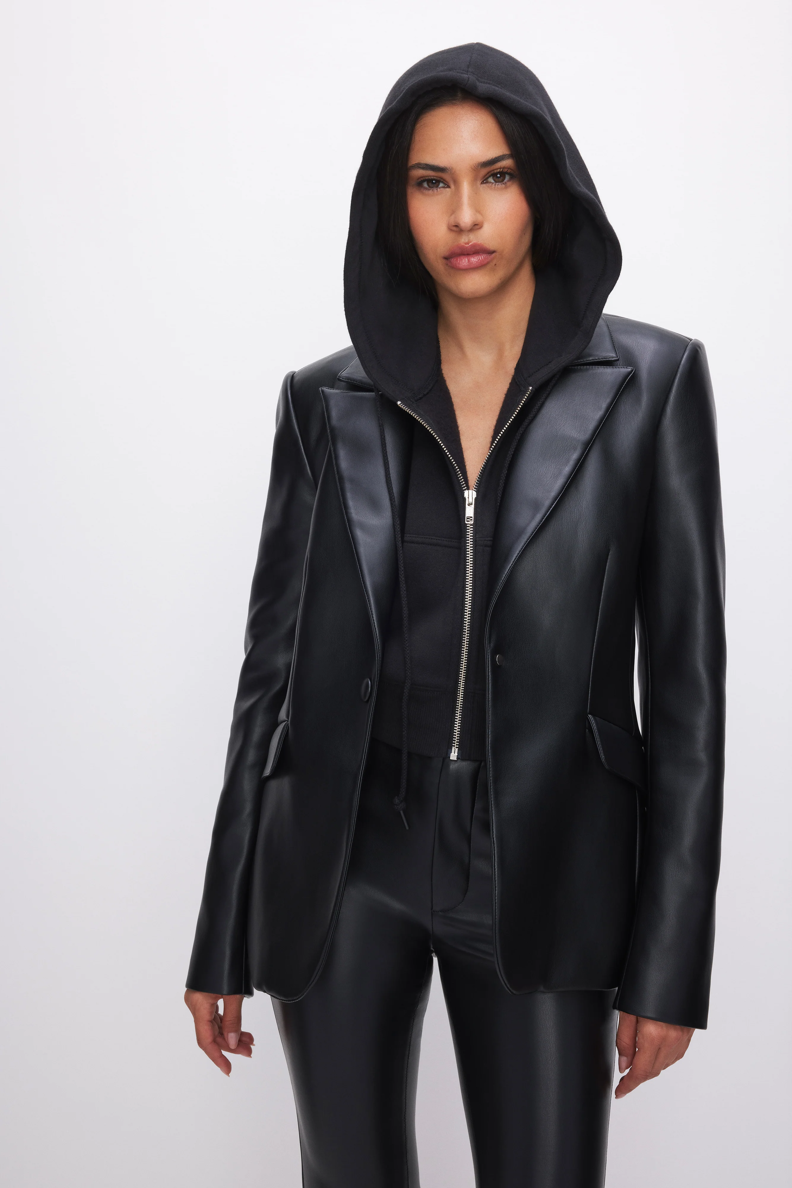 FAUX LEATHER SCULPTED BLAZER Black001